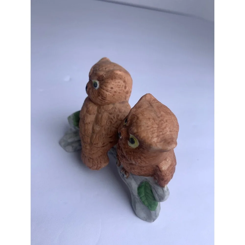 Vintage Ceramic Owl Figurine Pair on Branch Brown Bird Decor Hand Painted‎
